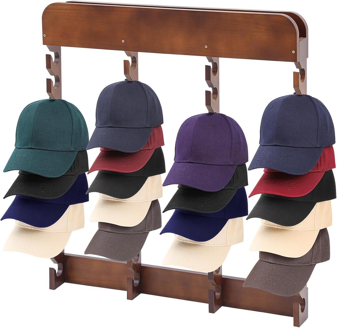 Wonderjune Wooden Hat Racks for Baseball Caps,40 Slots,Four Times,Baseball Cap Display Racks Vertical Class for Hats,Hat Organizer Wood Cap Hanger for Bedroom,Living Room,Entryway,Brown