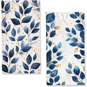 Watercolor Leaves Hand Towels Bathroom Set of 2 Absorbent Dark Blue Gold Bath Hand Towels for Bathroom Home Hotel Spa Gym Yoga Nautical Beach Bathroom Decor Gifts for Women Man 14"x28"