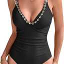 RIHOAS Women's One Piece Swimsuit, Gold Rhinestone Necklace, Postpartum Tummy Control Ruched Deep V Neck Bathing Suit (Black, S)