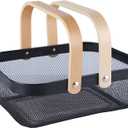 2 Pack AJIODA Metal Mesh Steel Basket, Storage Organizer Basket Garden Harvest Basket Multi-functional Kitchen Fruit Baskets Bin with Wooden Handle for Bathroom Picnic Shopping Decor Cabinet Home, Black