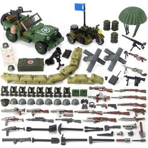 Feleph WW2 Military Vehicles Weapons Pack 282 Pieces US Army Building Block Toy Set WWII Car Tricycle Gear Helmets Vests Tools Bricks Model Compatible with Soldier Figures for Ages 6 and Up