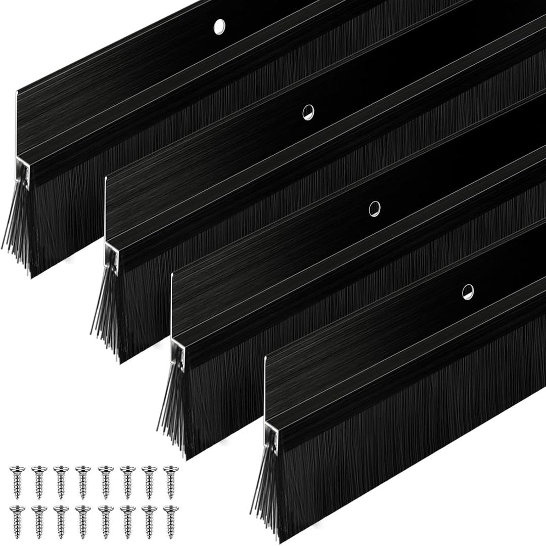 Door Sweep Brush Aluminum, 1 x 48 Inch, Black, 4 Set|Aluminum with Screws for Exterior and Garage Doors, Blocks Dust Debris Insects, Draft Stopper