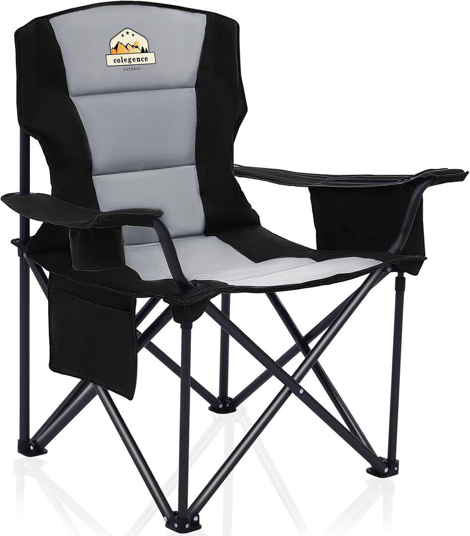 Oversized Folding Camping Chairs - 450 LBS Support Heavy Duty Camp Chair with Padded Cushion, Portable Outside Chairs with Carry BagCooler, Cup Holder for Outdoor, Lawn, Sports - Black