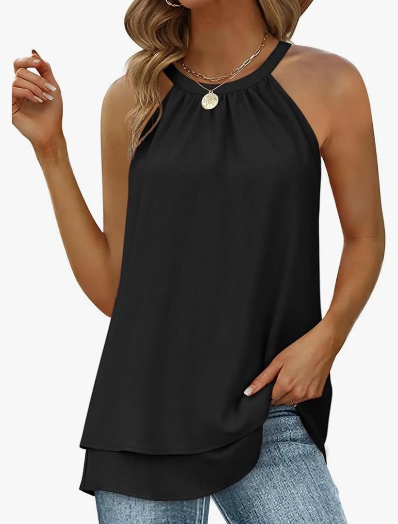 WEESO Womens Halter Tank Tops Summer High Neck Double Layers Sleeveless Tops M, Black