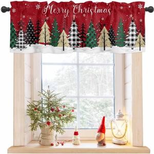 Christmas Valance for Windows Merry Christmas Tree Curtains Valances Rod Pocket Valance Window Treatments Snowflake Xmas Holiday Red Short Curtains for Kitchen Living Room Bedroom 1 Panel 42x12