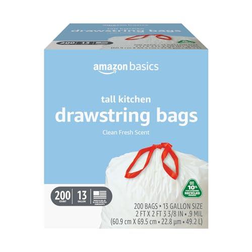 Amazon Basics 13 Gallon Tall Kitchen Drawstring Trash Bags, Clean Fresh Scent, 10% Post Consumer Recycled, 200 Count
