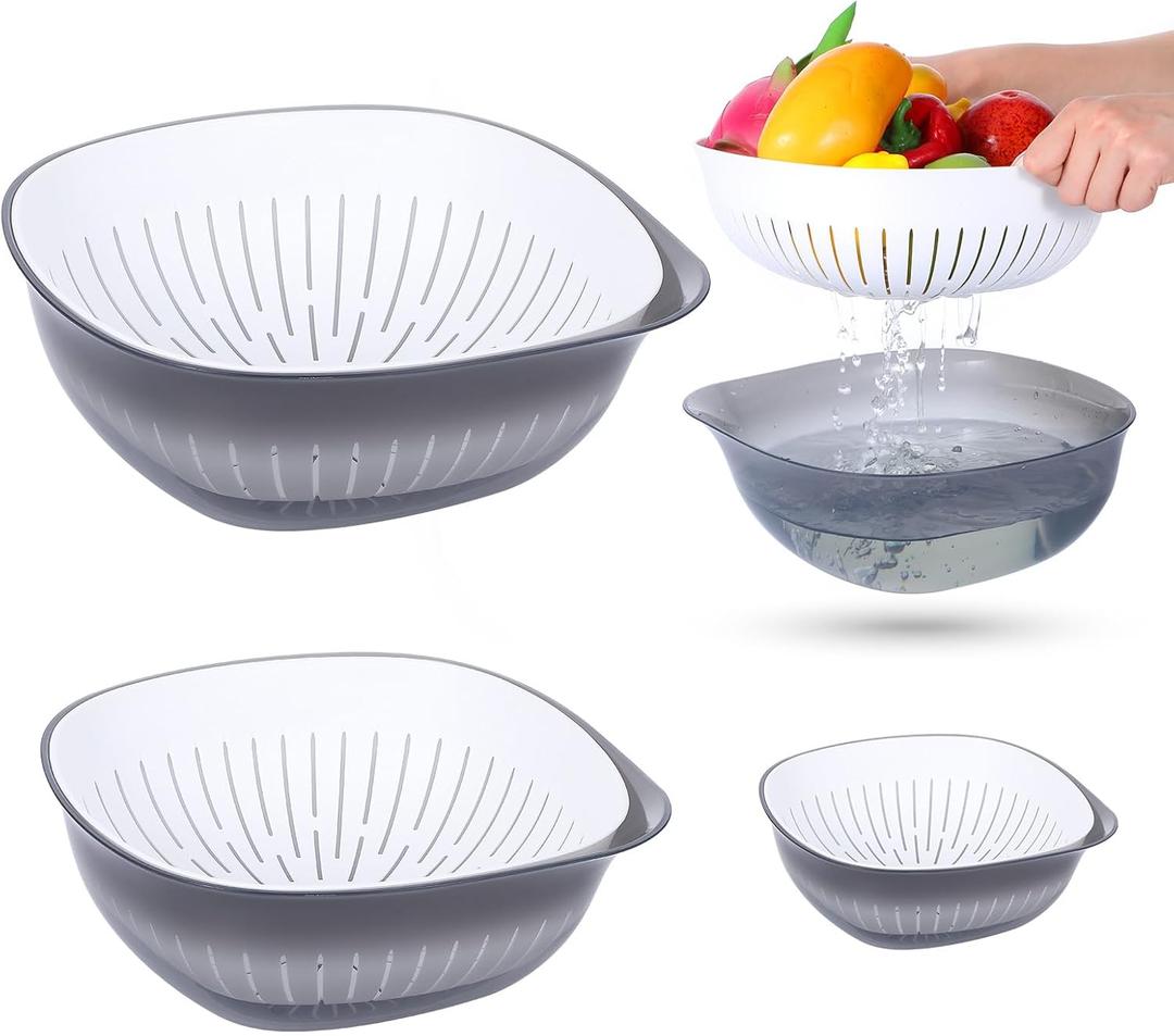 Colander Bowl Set of 2, Nesting Large Capacity Plastic Food Strainer for Pasta, Vegetables and Fruits Washing Draining Basket, Space Saving, BPA Free (Grey)