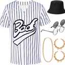 Jiuguva 80s 90s Outfit for Women Hip Hop Costume Baseball Jersey Shirt Bucket Hat Glasses Rapper Halloween Accessories (Large)