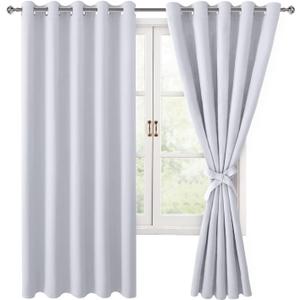 Hiasan Blackout Curtains for Bedroom, 60 x 63 Inches Length - Thermal Insulated & Energy Saving Window Curtains for Living Room, 2 Drape Panels Sewn with Tiebacks, Greyish White