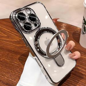 Case for iPhone 13 Pro Max with Magnetic Stand [Compatible with MagSafe] [Full Camera Lens Protector] Luxury Plating Shockproof Clear Phone Case for iPhone 13 Pro Max 6.7", Titanium Black