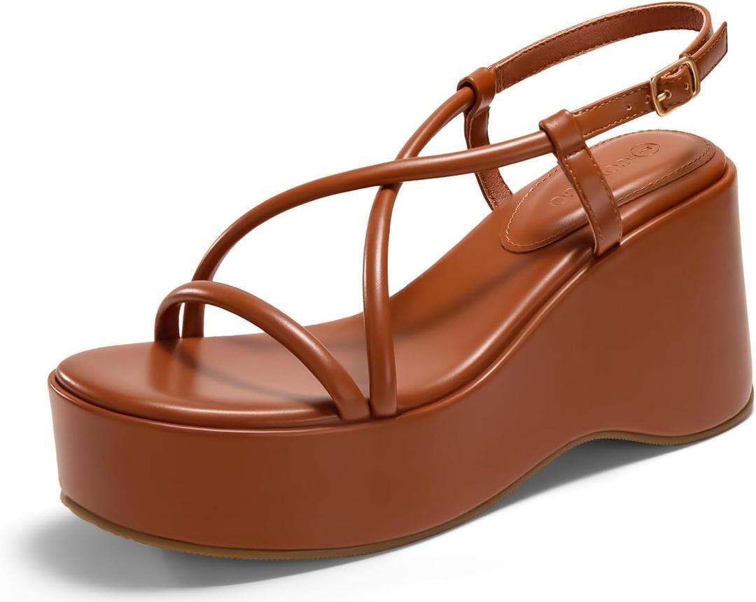 Coutgo Womens Platform Wedge Heels Sandals Slingback Open Toe Ankle Strap Summer Dress Shoes (7, Brown)