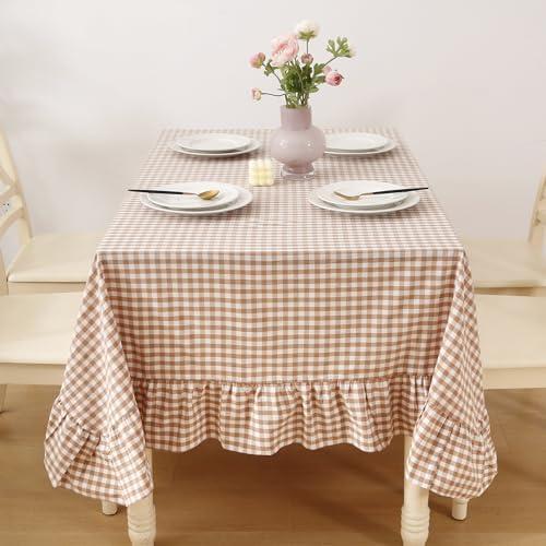Taupe White Gingham Ruffled Table Cloth Rectangular for Seat 8-10, 100% Washed Cotton Buffet Cottage Coquette Checker Plaid Vintage Decorative Tablecloth - 120“x60