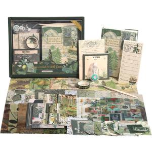 Scrapbook Photo Album Supplies Kit with Tweezers and Glue Tape, Green Aesthetic Vintage Junk Journal Scrapbooking Paper, Sticker Pack, Notebook Craft Supplies, DIY Gift for Adult Men Women (Wild Dome)