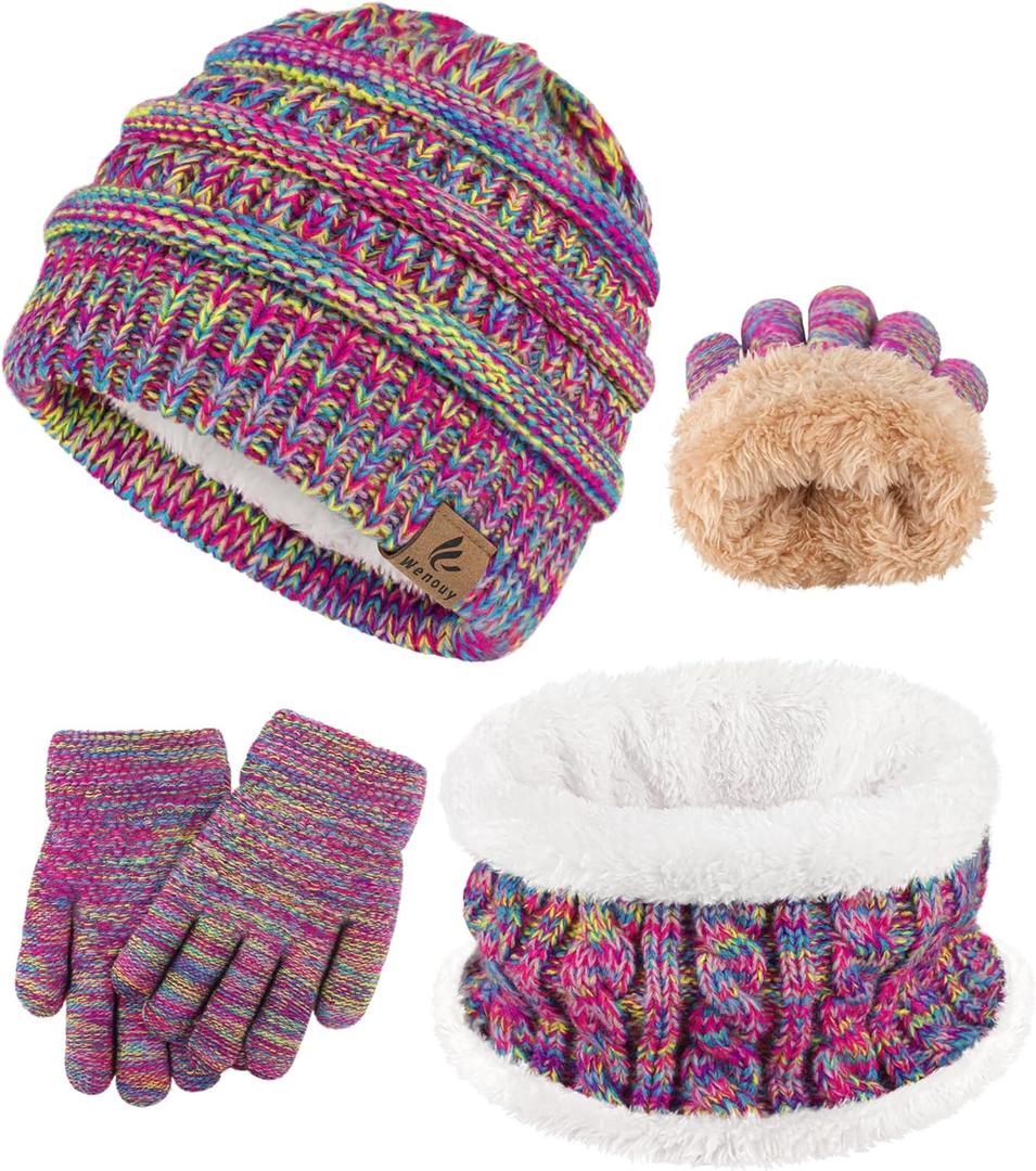 3 Pcs Kids Winter Hat Scarf Gloves Set Boys Girls Thick Warm Beanie Hat Knitted Neck Warmer Fleece Lined Gloves (2-6 Years, Purple Red Mix)