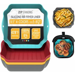 Silicone Air Fryer Liners Set OF 4, for 5-8QT Tray Baking Oven, 8.5 Reusable Square with Handles & Holes, Inserts, Accessories