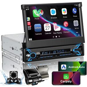 Naifay Single Din Car Stereo with Dash Cam & Backup Camera, 7INCH Flip Out Single Din Touchscreen Car Stereo with Apple Carplay & Android Auto, Car Audio Receivers Bluetooth Mirrorlink FM Car Radio