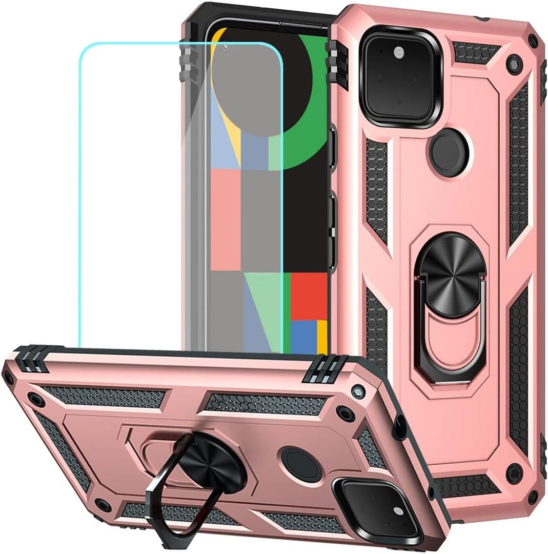 for Pixel 4A 5G Case, Pixel 5XL G025I Case with Tempered Glass Screen Protector, [Military Grade] [Metal Ring] [Magnetic Support] Heavy Duty Armor Cover for Google Pixel 4A 5G (Rose Gold)