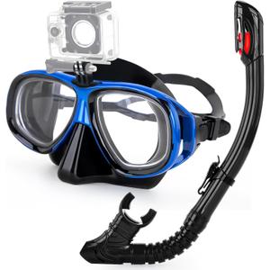 Snorkeling Gear for Adults Youth, Nearsighted Anti-Fog Diving Mask & Silicone Dry Snorkel for Scuba Diving Spearfishing Freediving (-5.0, Blue)