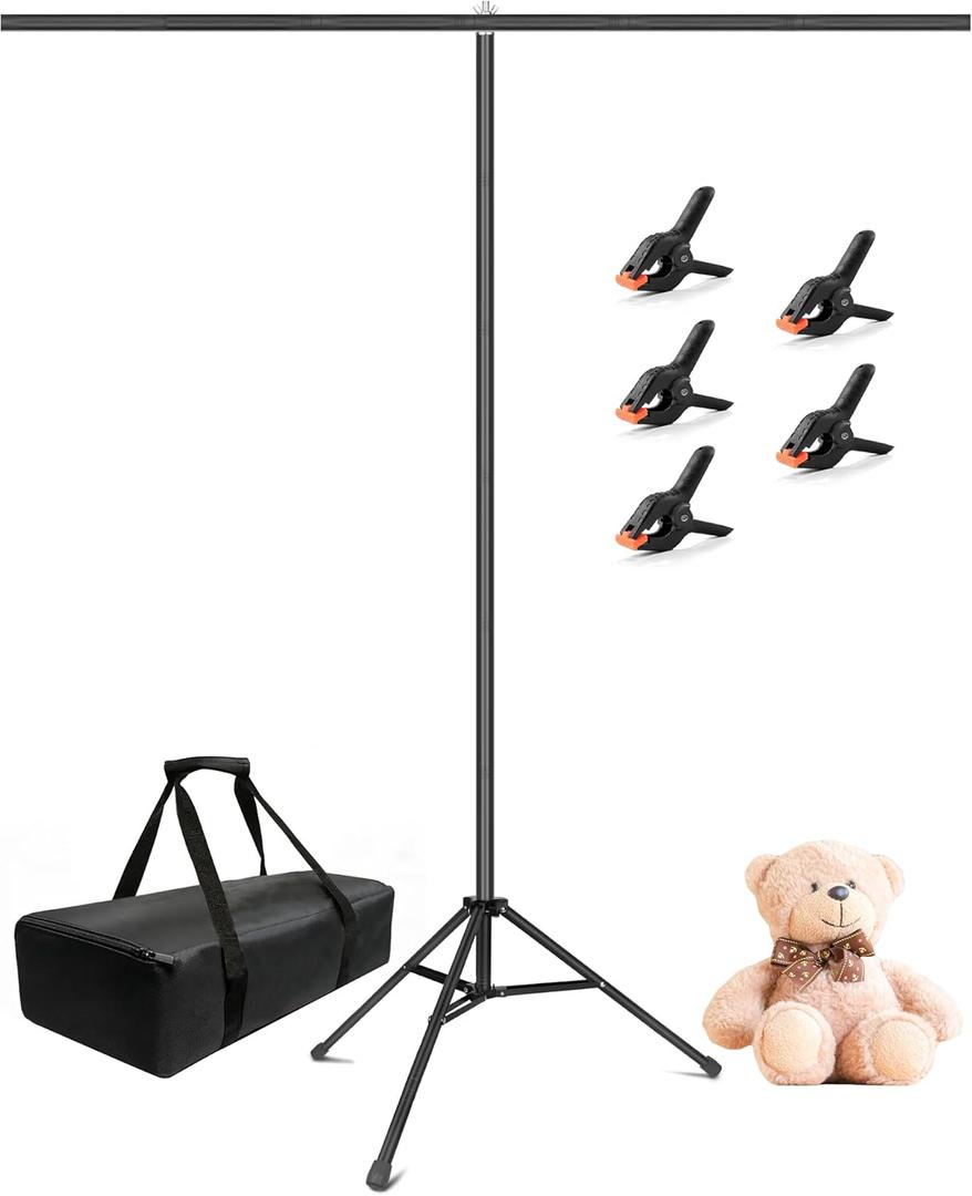Hemmotop 7x5ft (HxW) T-Shape Photo Backdrop Stand, Portable Green Screen Stand Only with 5 Clip Clamps and Carry Bag, Adjustable Background Support Kit for Birthday, Baby Shower, Parties, Photoshoots