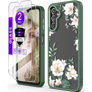 for Samsung Galaxy A14 5G Case with Tempered Glass Screen Protector [2 Pack],[Military Grade Protective] Slim Soft TPU & Hard PC,Girls Women Crystal Clear Flower Pattern Cases (Magnolia)