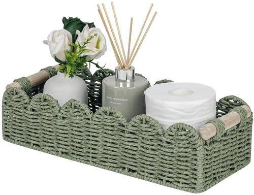 CubesLand Toilet Paper Storage Basket Scalloped Edge Home Decor Green Basket, Living Room Cozy Decor, Paper Rope Small Baskets for Over Toilet Storage Shelf, End Table, Shelves, with 2 Wooden Handles, Size: M - 14"L x 6.3"W x 3.9"H