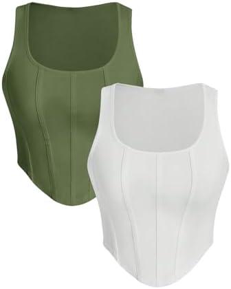 WDIRARA Women's 2 Pack Crop Bustier Corset Tank Top Sleeveless Square Neck Asymmetrical Hem Ribbed T Shirts, XL