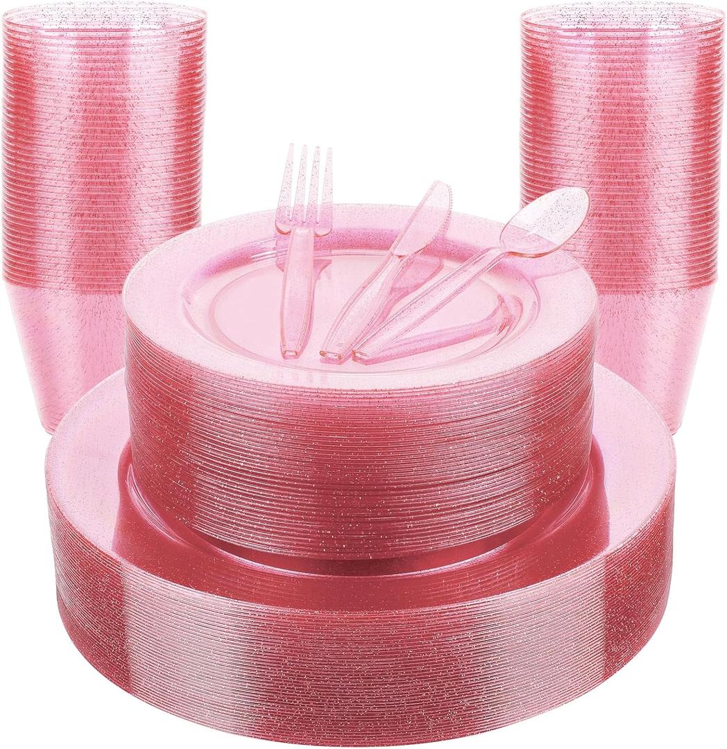 180PCS Pink Glitter Plastic Dinnerware Set