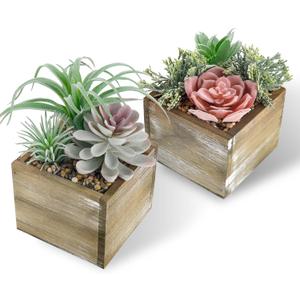 Der Rose 2 Pack Fake Plants Succulents Plants Artificial Plants in Wood Pots with Pink Flowers for Farmhouse Bathroom Decor