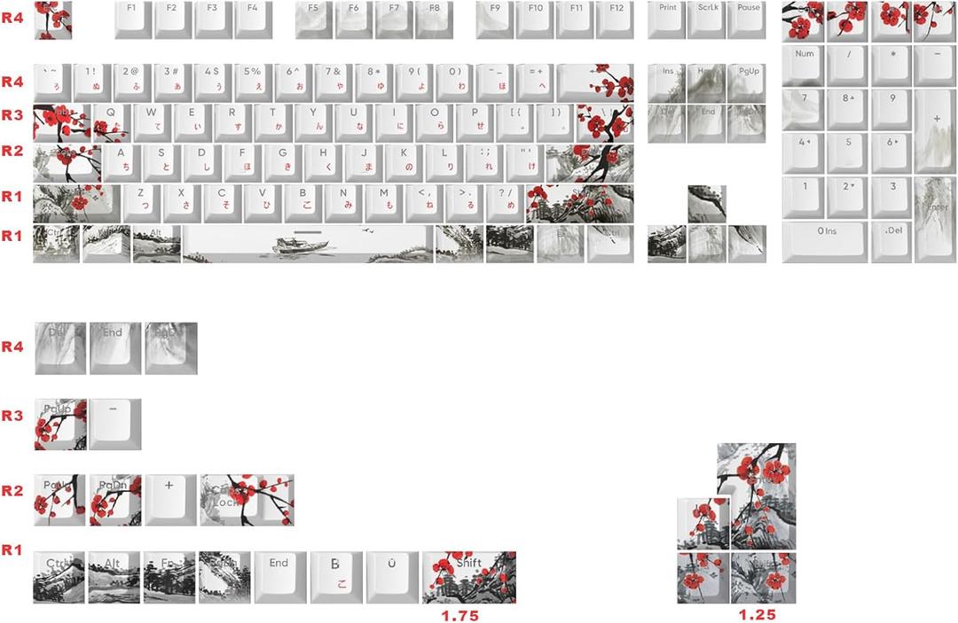 JSJT Shine Through Keycaps-Japanese Keycap 129 Keys Plum Blossom Custom Keycap Set Cherry Profile PBT Double Shot Backlit Key Caps for Cherry MX Switches Mechanical Keyboards 129-JP