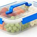 Li & Zhao Snackle Box Container - 4-Compartment Divided Snack Serving Tray with Silicone Handle, Perfect for Picnics, Leak-Proof, and Dishwasher-Safe Dressing Containers(Blue)
