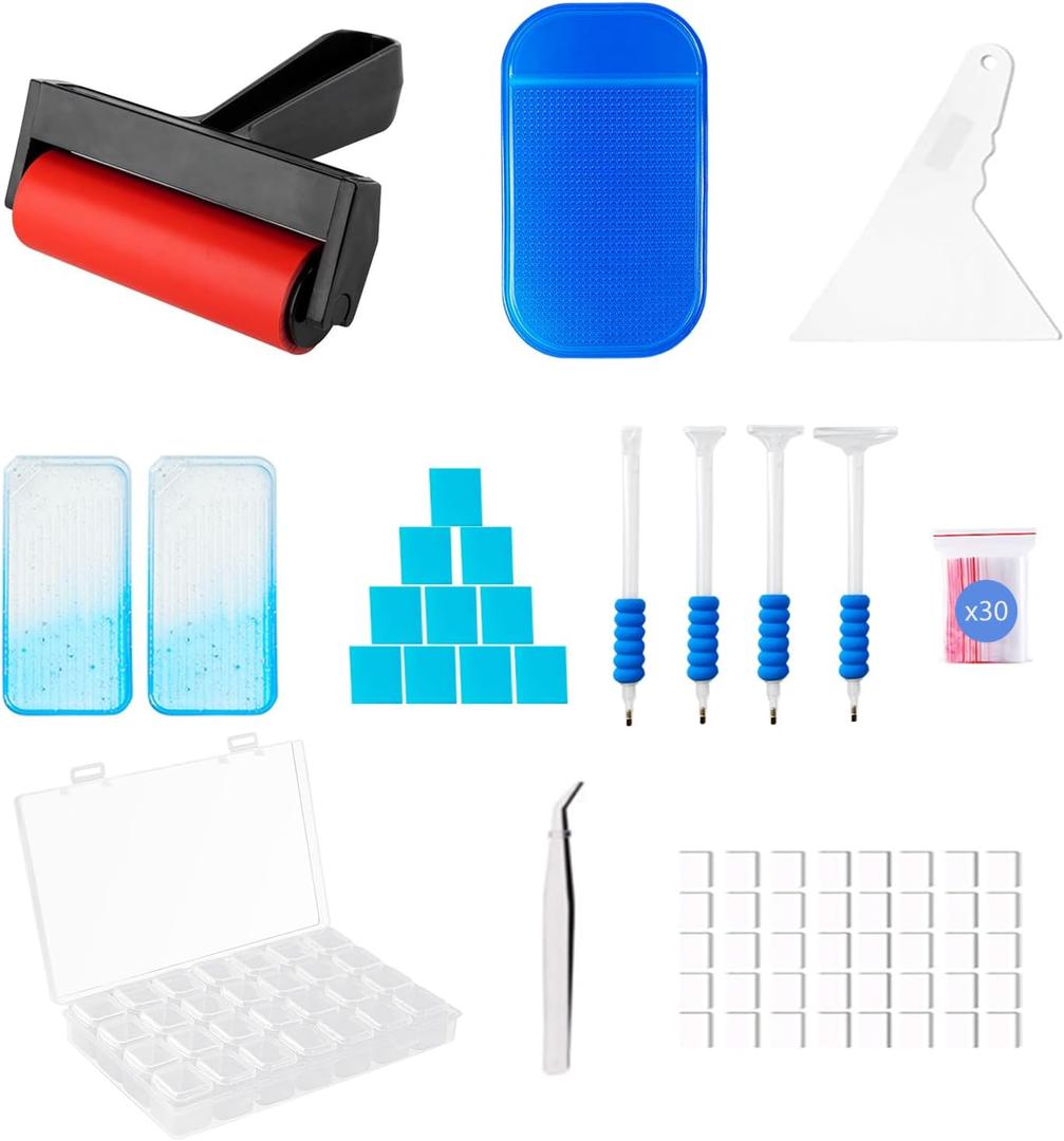 SuSentak 46 PCS Diamond Art Tools Kit, Complete Accessories Set with Multi-Tool Tweezers, Wax Pen, Storage Containers, Trays, Roller, Anti-Slip Mat for Adults Kids Beginners Art Crafts(Blue)