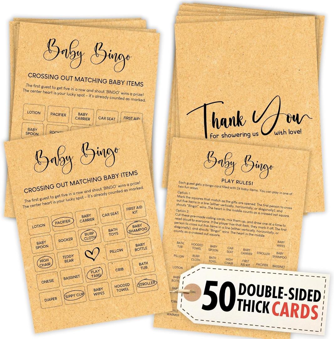 Baby Shower Bingo Game For Girl - Baby Bingo For Baby Shower Boy, Bingo Baby Shower Game Gender Neutral For 50 Guest, Fun Baby Shower Activities