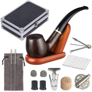 Joyoldelf Smoking Pipe, Wooden Tobacco Pipe with Elegant Gift Case Packaging, Handmade Pipe Tobacco with Wind Cap Cover, Cleaning Brush, 9mm Pipe Filter, Tobacco Pipe Stand and Smoking Accessories