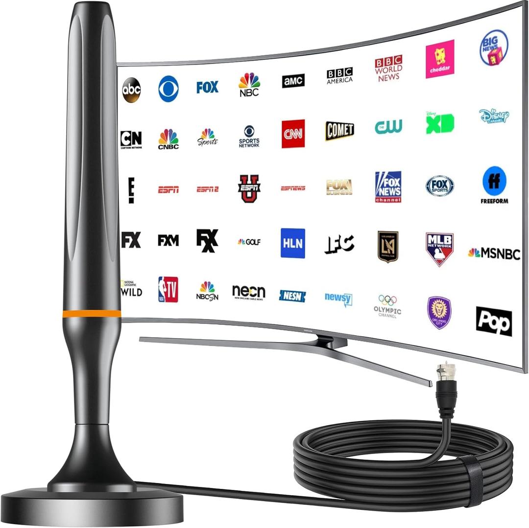 TV Antenna Indoor for Smart TV- Strong Magnetic Base and 360 Long Range Reception Support 4K 1080P &All TVs, 10ft Coax Cable for Local Channels
