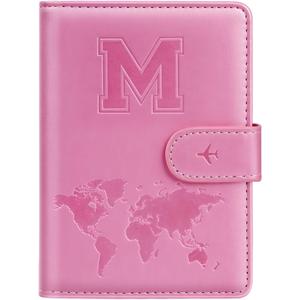 Passport Holder Cover Initail Letter A-Z Travel Wallet Embossed Design RFID Blocking Card Holder Personalized Gift Passport Cover Wallet, Passport Book Holders for Women and Girls, Pink-M