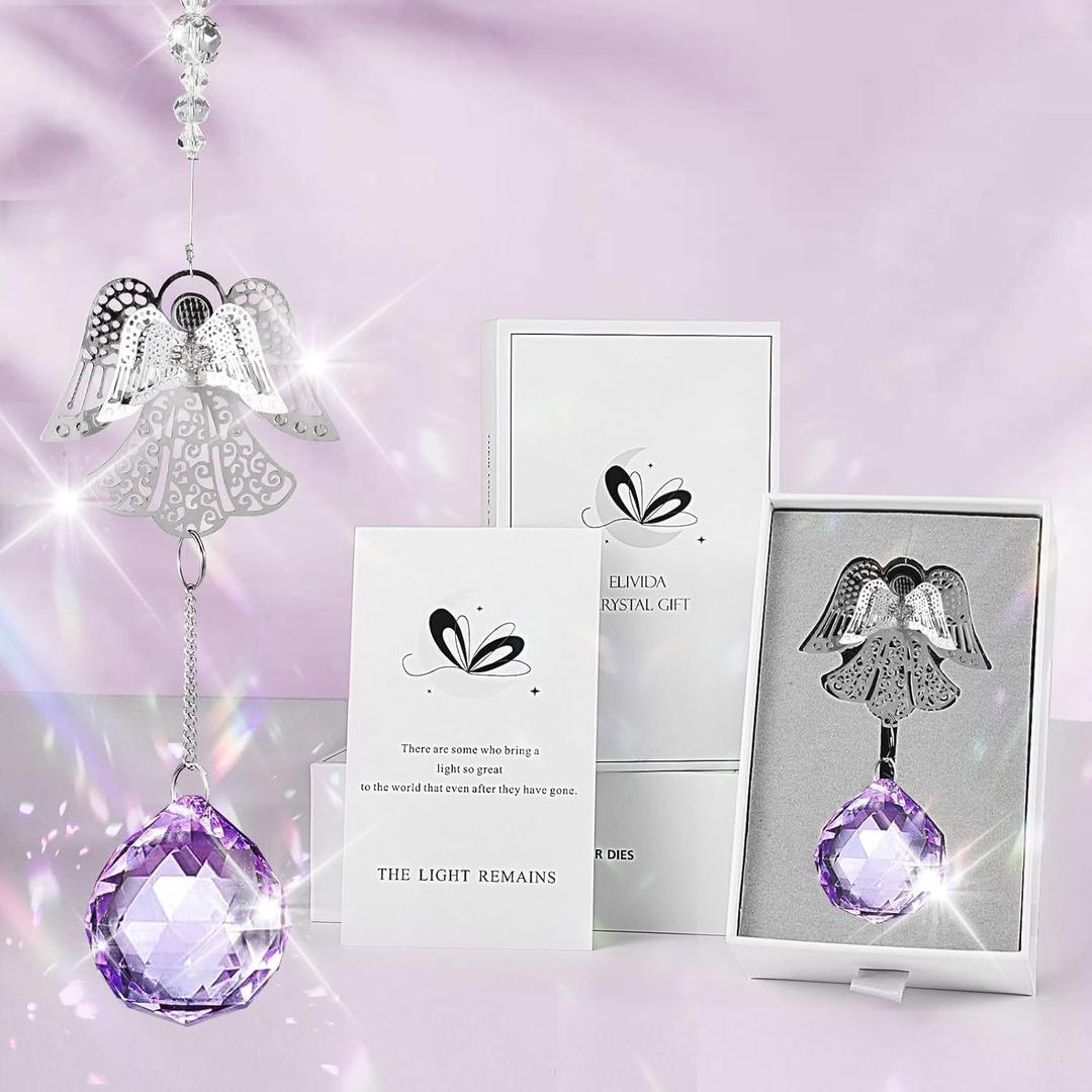 Memorial Gift Modern Sympathy Gift for Lose of Mom, 3D Angel Design Grief Hanging Ornament with 40mm Light Purple Crystal Ball Rainbow Maker, Bereavement Gift Idea for Women