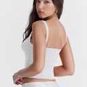 LAGSHIAN Women's Sleeveless Square Neck Double Layer Crop Top Central Single Row Clasp Trendy Tank Top (White, L)