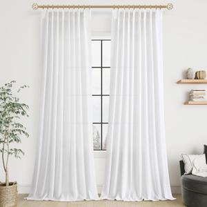 Soft White Pinch Pleat Linen Curtains 102 Inch Length 2 Panels Set for Bedroom Dining Room Semi Sheer Linen Boho Farmhouse Neutral Window Curtains 102 Inches Long for Living Room Nursery 50x102