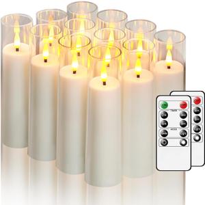 12 Packs White Flameless Candles, Small Battery Operated Candles, Slim LED Flickering Candles with Remote for Home Bookshelf Bedroom Halloween D:1.57xH:6 inch
