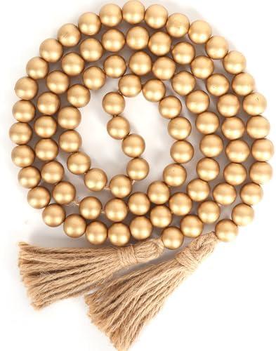 58in Wood Bead Garland with Tassels, Farmhouse Rustic Country Decor Prayer Boho Wall Hanging Decoration (Gold)