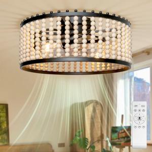 20" Boho Ceiling Fan with Light, Wood Beaded Fandelier with Remote, Flush Mount/Low Profile/6-Speed/Timer/3 CCT/Quiet DC Motor/Reversible, French Farmhouse Style Chandelier Fan, Black