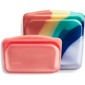 Stasher Premium Silicone Reusable Food Storage Bags, 2-Pack, Multi, Multi-Use Food Storage Bags, Lunch Bag, Travel Containers, BPA Free, Leak-free, Dishwasher-Safe, Eco-friendly (Rainbow Splash + Red)