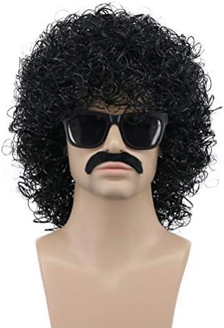 VGbeaty Adult Men Short Curly Black Rocker Wig With Mustache California Halloween Cosplay Anime Costume Wig