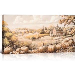DRLWGTY Large Wall Decor for Living Room Framed Wall Art for Bedroom, Autumn Farm Canvas Wall Art with Pumpkins, Hand-Embellished with Glitter Rustic Vintage Landscape 20"X40"