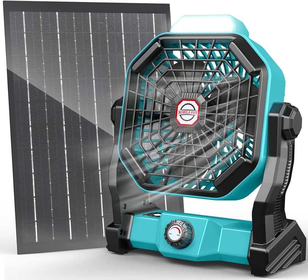 20000mAh Solar Fan, Camping Fan with Solar Panel, 7W 9-Inch Rechargeable Battery Operated Fans for Outside, LED Lantern, Stepless Speed and Quiet Battery Powered Solar Tent Fans for Outdoor, Barbecue (MintGreen)