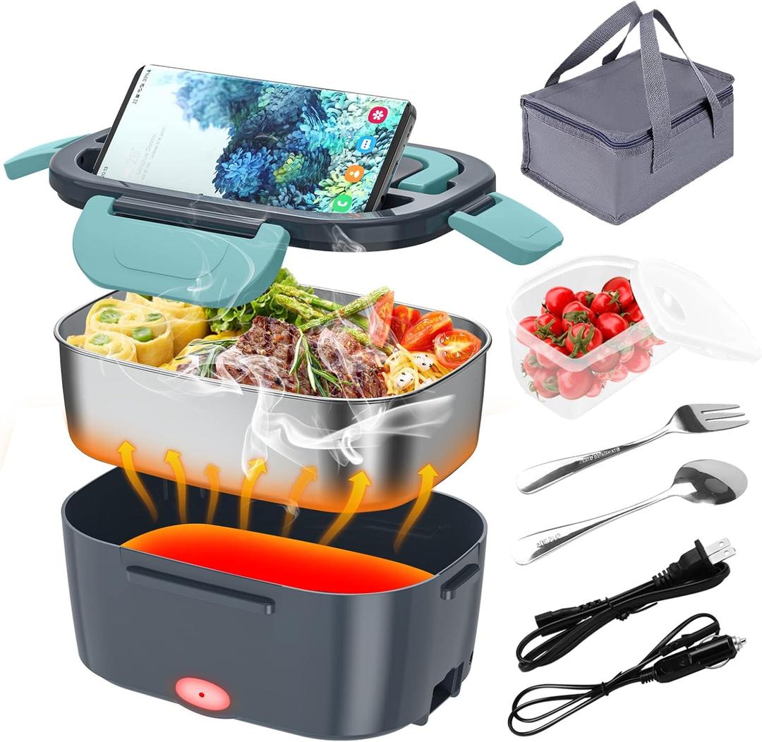 CHARMDOO Electric Lunch Box, Food Warmer Heater 12V 24V 110V, 80W Faster Heated Lunch Box for Car/Truck/Home Portable Heating Boxes with 1.5L 304 SS Container Fork & Spoon (Dark gray+Green)