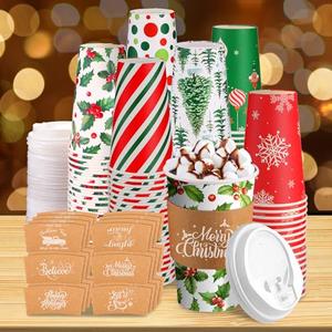 Suttmin 72 Sets/ 216 Pcs Christmas Paper Cups 16 oz Disposable to Go Coffee Cups with Lids and Sleeves Xmas Hot Cocoa Coffee Mug for Cold Drinks Christmas Hot Chocolate Xmas Party Supplies(Bright)
