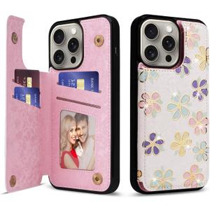 UEEBAI Wallet Case for iPhone 15 Pro Max with Card Holders, PU Leather Cover Kickstand RFID Blocking Double Magnetic Clasp Rilievo Flower Shockproof Flip Case for Women Girls - White Daisy