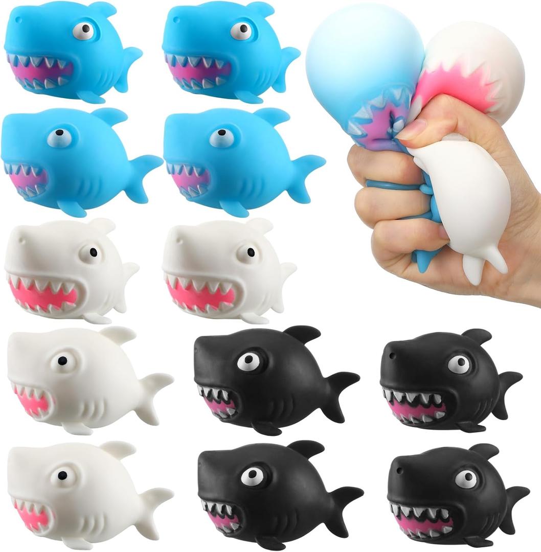 Meooeck 12 Pcs Shark Stress Relief Ball Sea Animals Squeeze Sensory Stress Ball Bulk Shark Party Favors for Adults Mini Animal for Ocean Party Favors Birthday Gifts Decorations (Black White Blue)