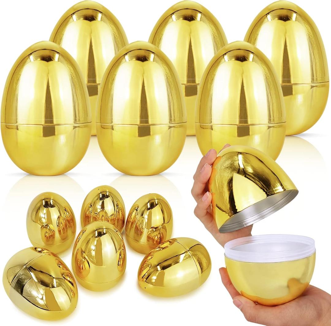 12 Pack 6" Large Golden Metallic Easter Eggs Bulk for Filling Specific Treats Plastic Fillable Jumbo Surprise Eggs Hunt Easter Basket Stuffers Filler Toys Gifts for Kids Boys Girls Easter Party Favor
